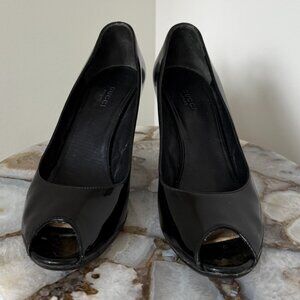 Gucci Black Patent Leather Peep Toe Wedge - USED - Size 37.5
